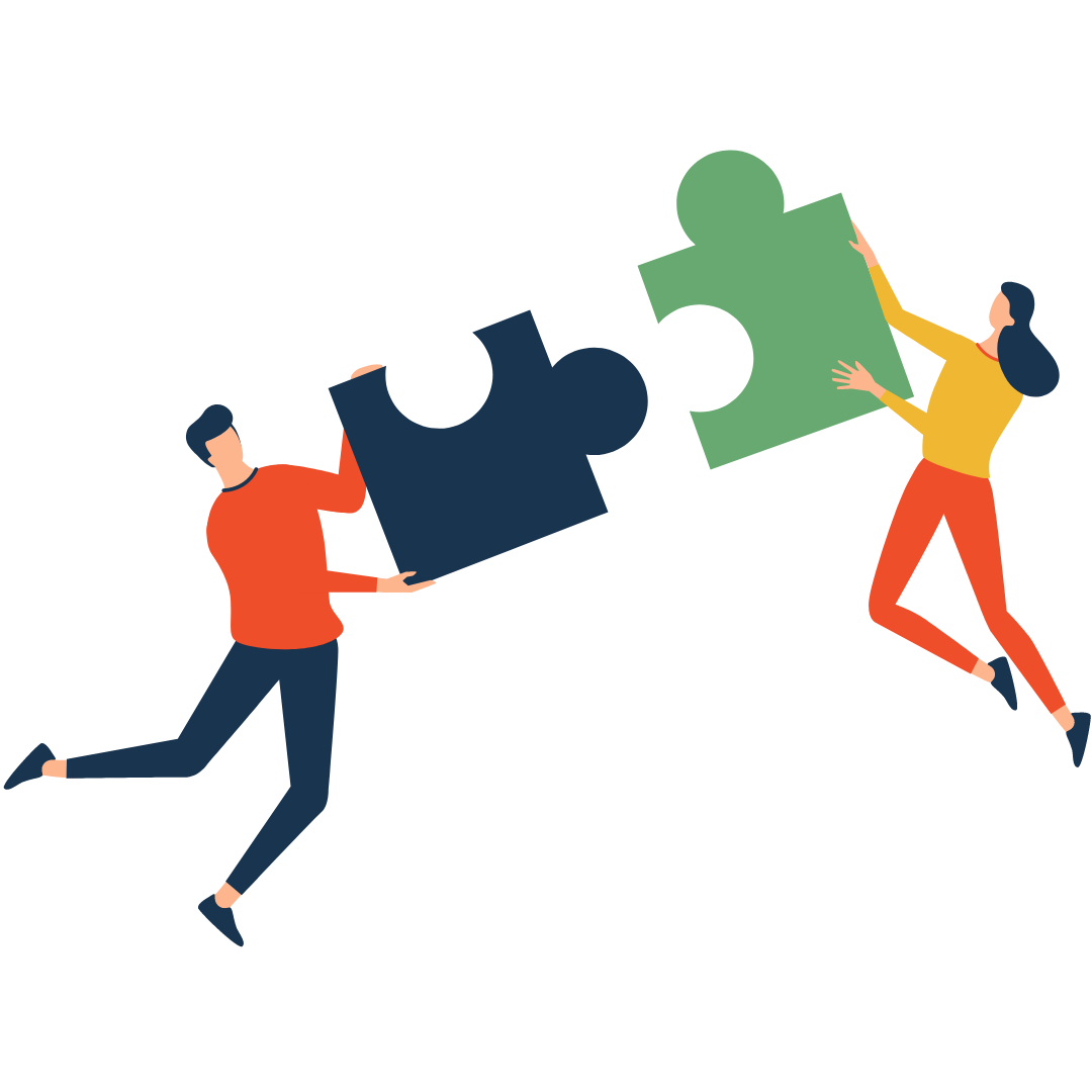 illustration of two people who appear floating holding two puzzle pieces as they come together